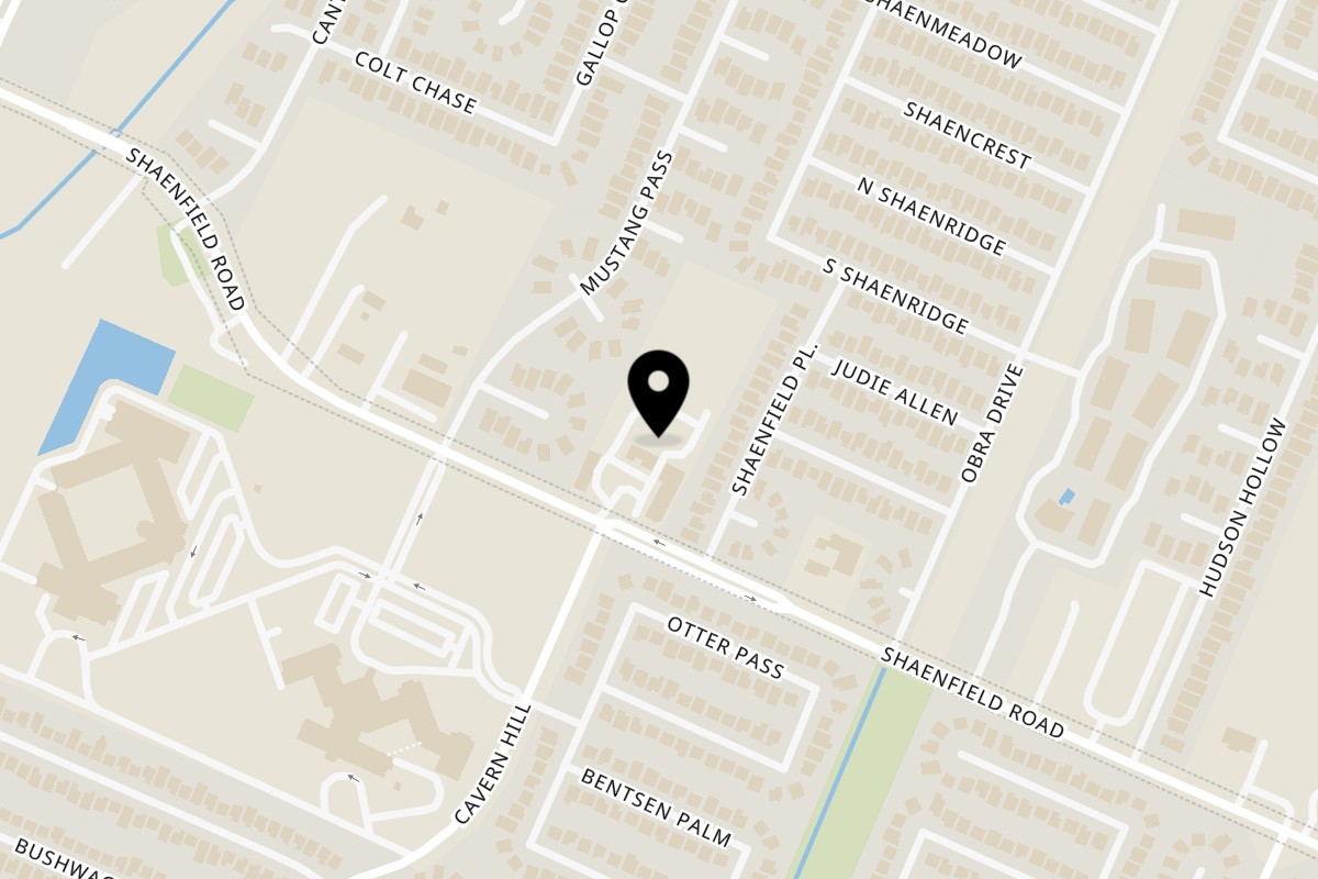 Map showing the location of Hala Cafe on 10865 Shaenfield Rd #2103 in San Antonio